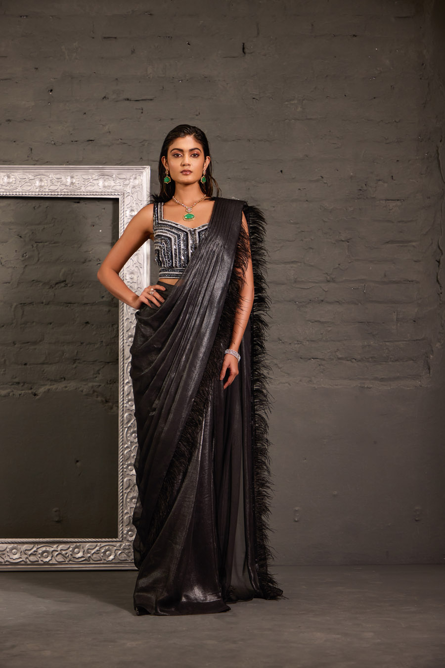 Black Hand Embroidred Blouse With Feather Palla Drape Saree Black Thread Co