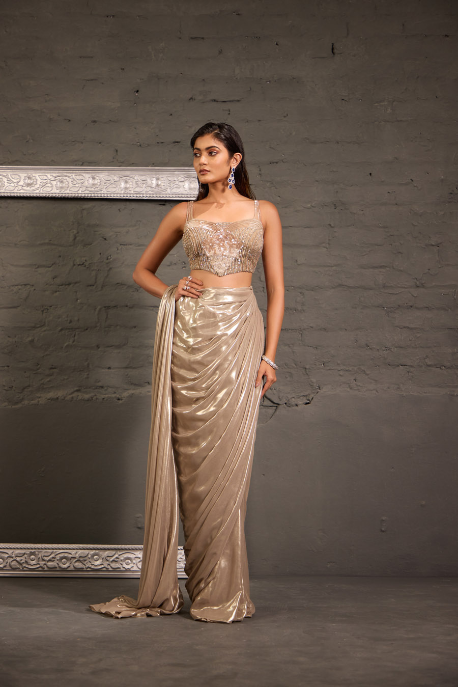 Champagnee Hand Embroidered Blouse With Drape Saree Black Thread Co 4 Champagnee Hand Embroidered Blouse With Drape Saree Black Thread Co 4