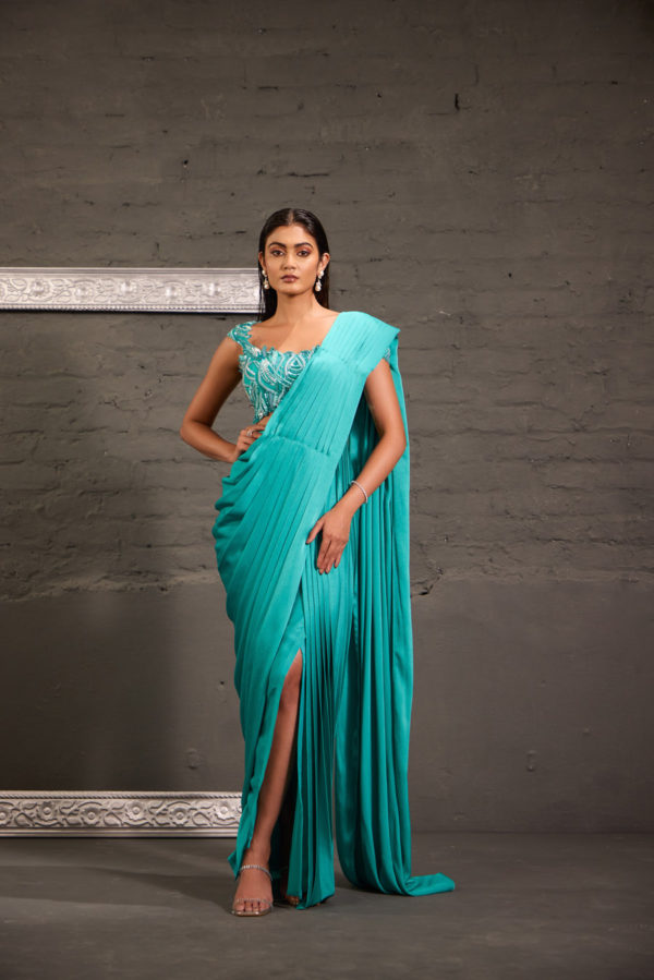 Cutwork Aqua Blue Blouse With Drape Saree Black Thread Co Cutwork Aqua Blue Blouse With Drape Saree Black Thread Co