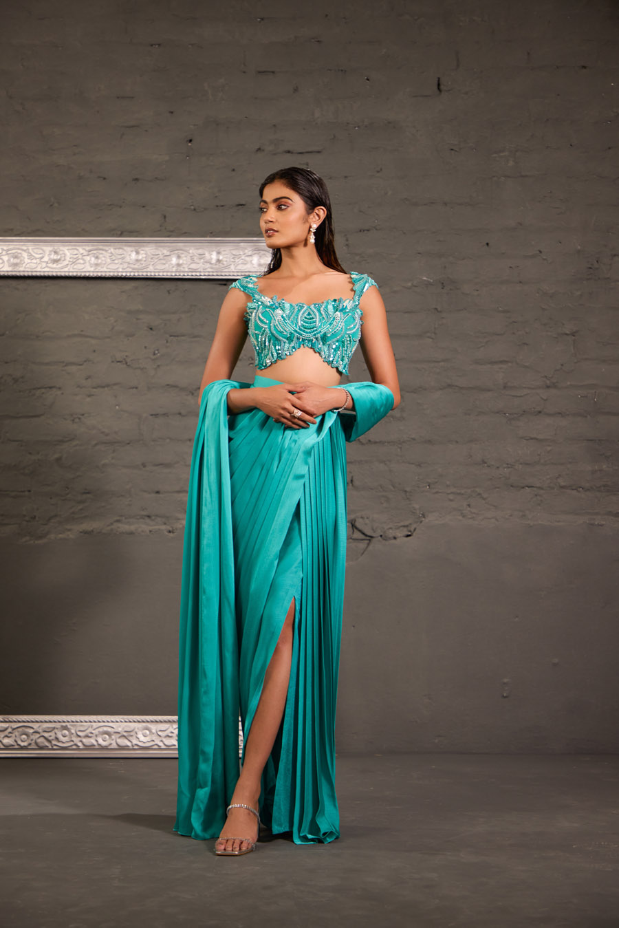 Cutwork Aqua Blue Blouse With Drape Saree Black Thread Co 3 Cutwork Aqua Blue Blouse With Drape Saree Black Thread Co 3