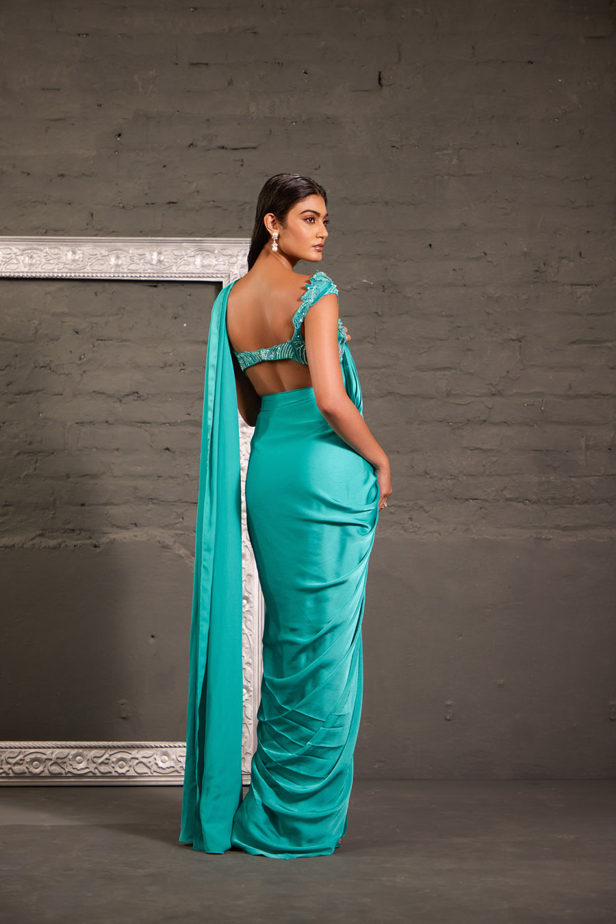 Cutwork Aqua Blue Blouse With Drape Saree Black Thread Co 5 Cutwork Aqua Blue Blouse With Drape Saree Black Thread Co 5