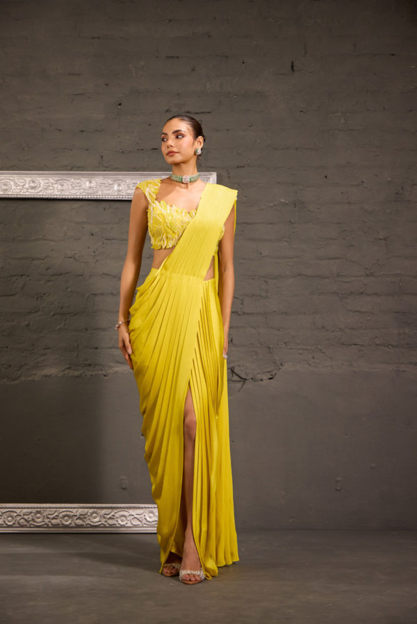 Cutwork Lime Yellow Blouse With Drape Saree Black Thread Co Cutwork Lime Yellow Blouse With Drape Saree Black Thread Co