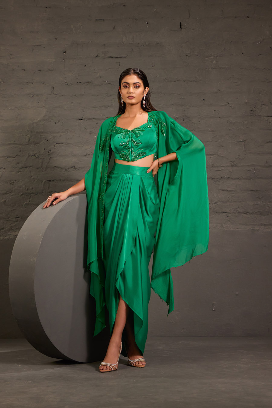 Emarald Green Cape With Asymmetric Drape Skirt And Waistcoat Set Black Thread Co