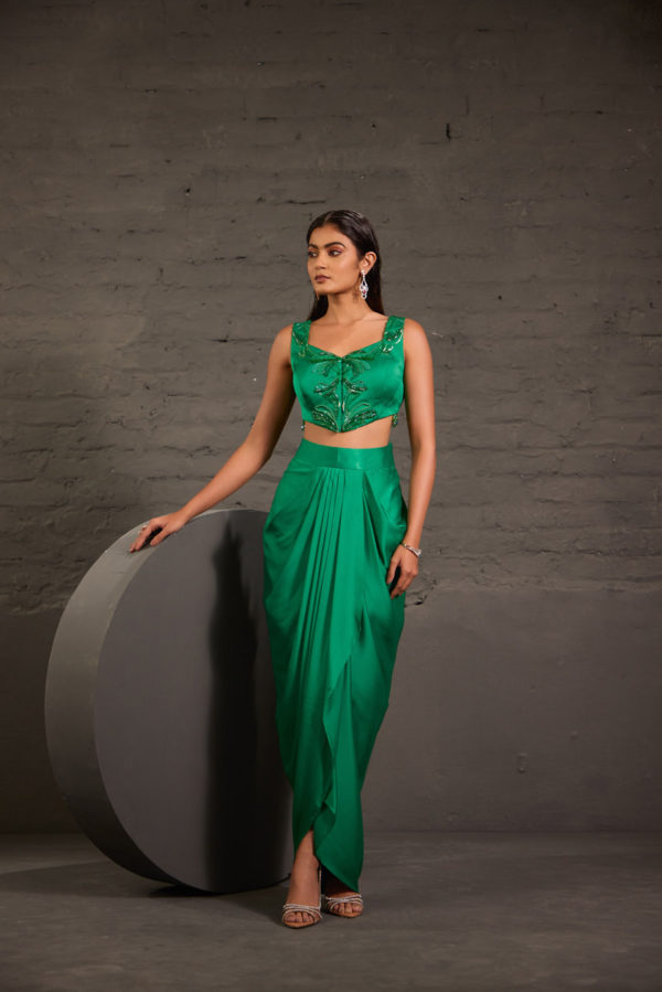 Emarald Green Drape Skirt And Waistcoat Set Black Thread Co Emarald Green Drape Skirt And Waistcoat Set Black Thread Co