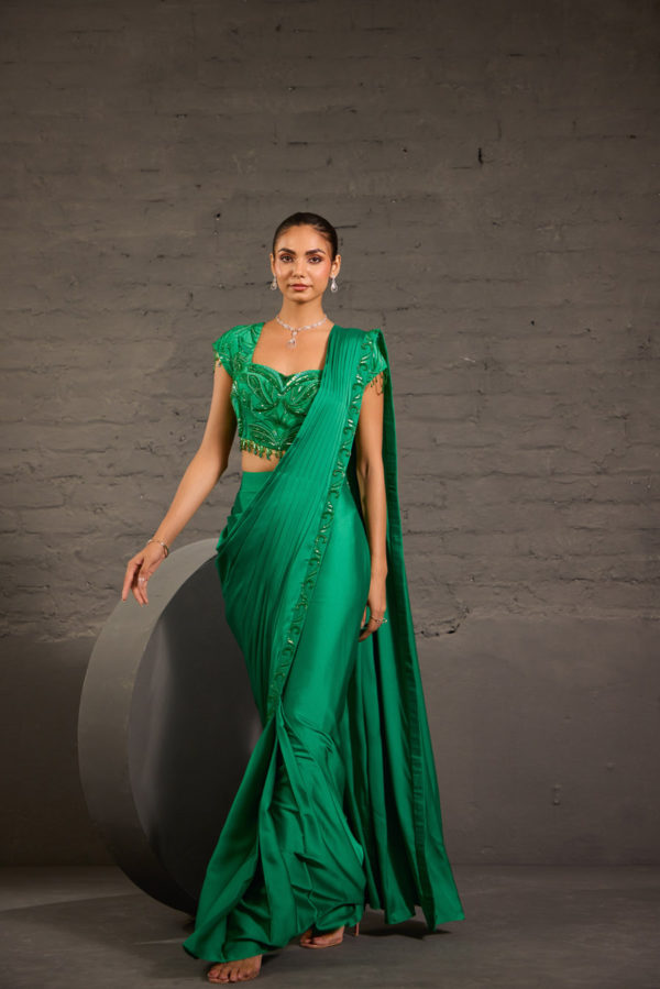 Emerald Green Embroidered Border Drape Saree Set Black Thread Co Emerald Green Embroidered Border Drape Saree Set Black Thread Co