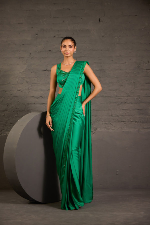 Emerald Green Waistcoat & Drape Saree Black Thread Co Emerald Green Waistcoat & Drape Saree Black Thread Co