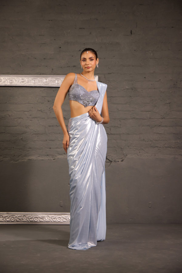 Hand Embroidered Grey Blouse With Metallic Drape Saree Black Thread Co Hand Embroidered Grey Blouse With Metallic Drape Saree Black Thread Co