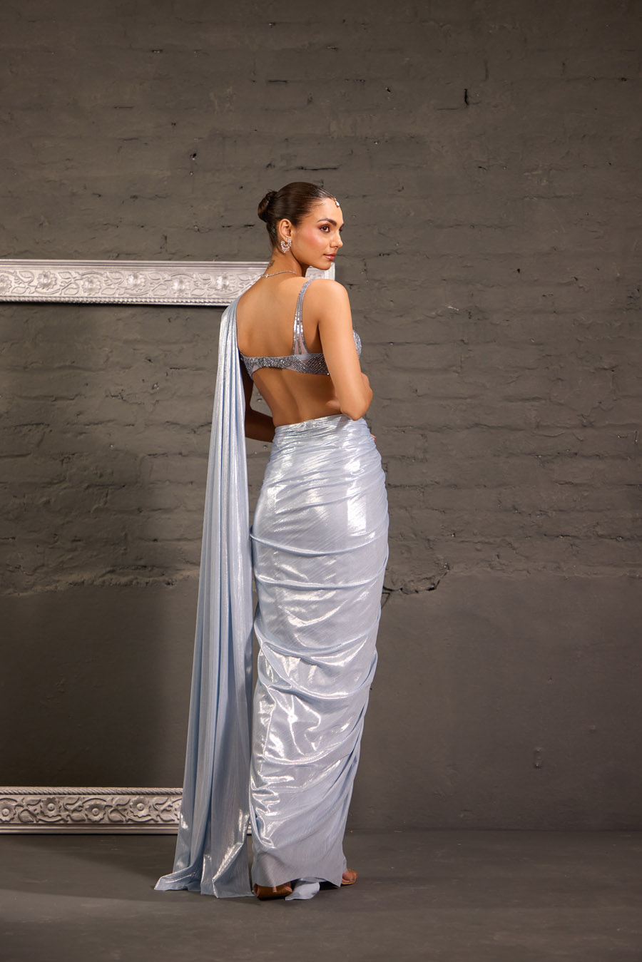 Hand Embroidered Grey Blouse With Metallic Drape Saree Black Thread Co 7 Hand Embroidered Grey Blouse With Metallic Drape Saree Black Thread Co 7