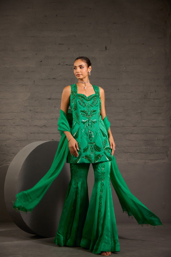 Hand Embroidred Emerald Green Short Tunic With Sharara & Dupatta Set Black Thread Co 3 Hand Embroidred Emerald Green Short Tunic With Sharara & Dupatta Set Black Thread Co 3