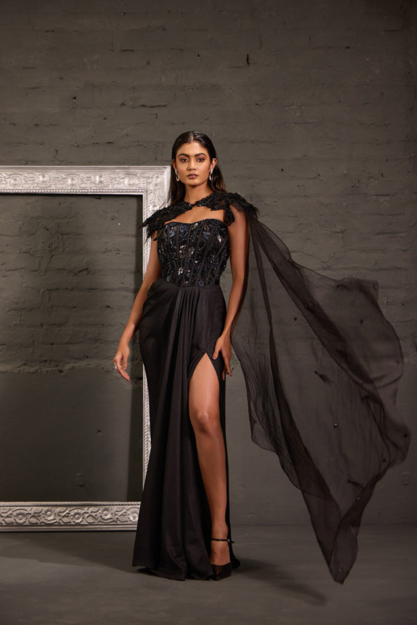 Metallic Corset Gown With Detachable Shoulder Cape Black Thread Co Metallic Corset Gown With Detachable Shoulder Cape Black Thread Co