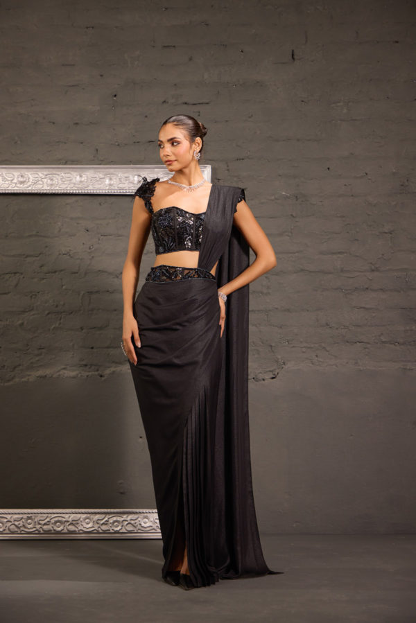 Metallic Drape Saree With Corset Cutwork Blouse Black Thread Co Metallic Drape Saree With Corset Cutwork Blouse Black Thread Co