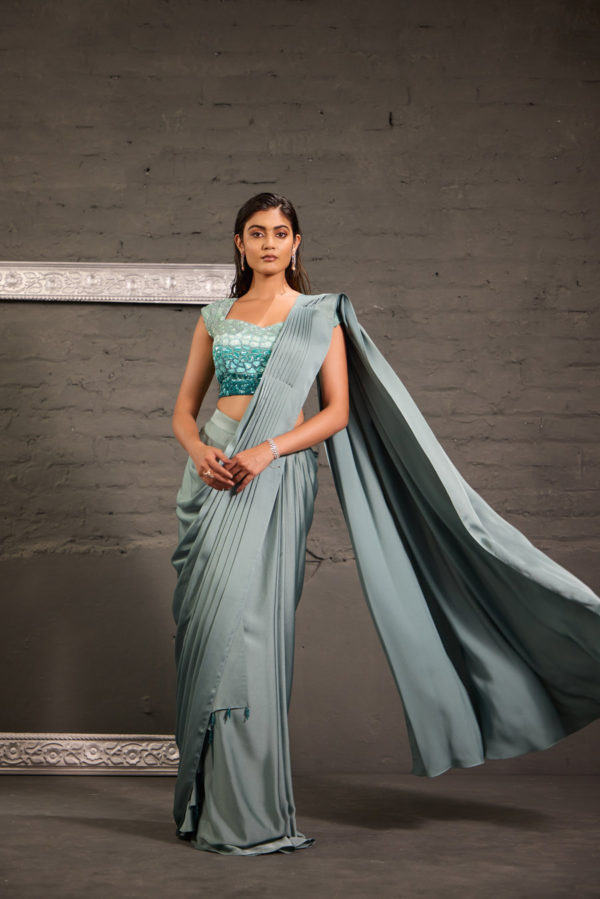 Ombre Sea Green Blouse With Drape Saree Black Thread Co Ombre Sea Green Blouse With Drape Saree Black Thread Co