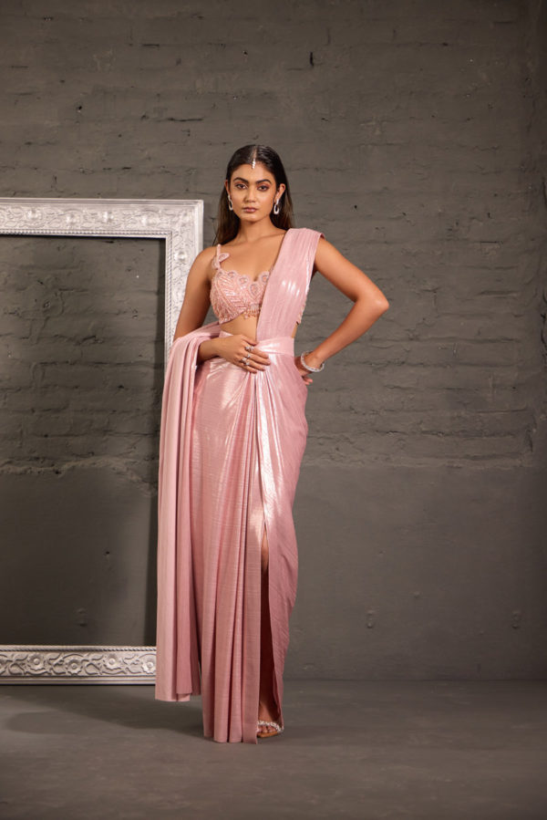 Pink Cutwork Blouse With Metallic Drape Saree Black Thread Co Pink Cutwork Blouse With Metallic Drape Saree Black Thread Co