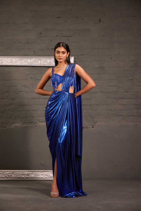 Tasseled Royal Blue Cocktail Metallic Drape Saree Set Black Thread Co Tasseled Royal Blue Cocktail Metallic Drape Saree Set Black Thread Co
