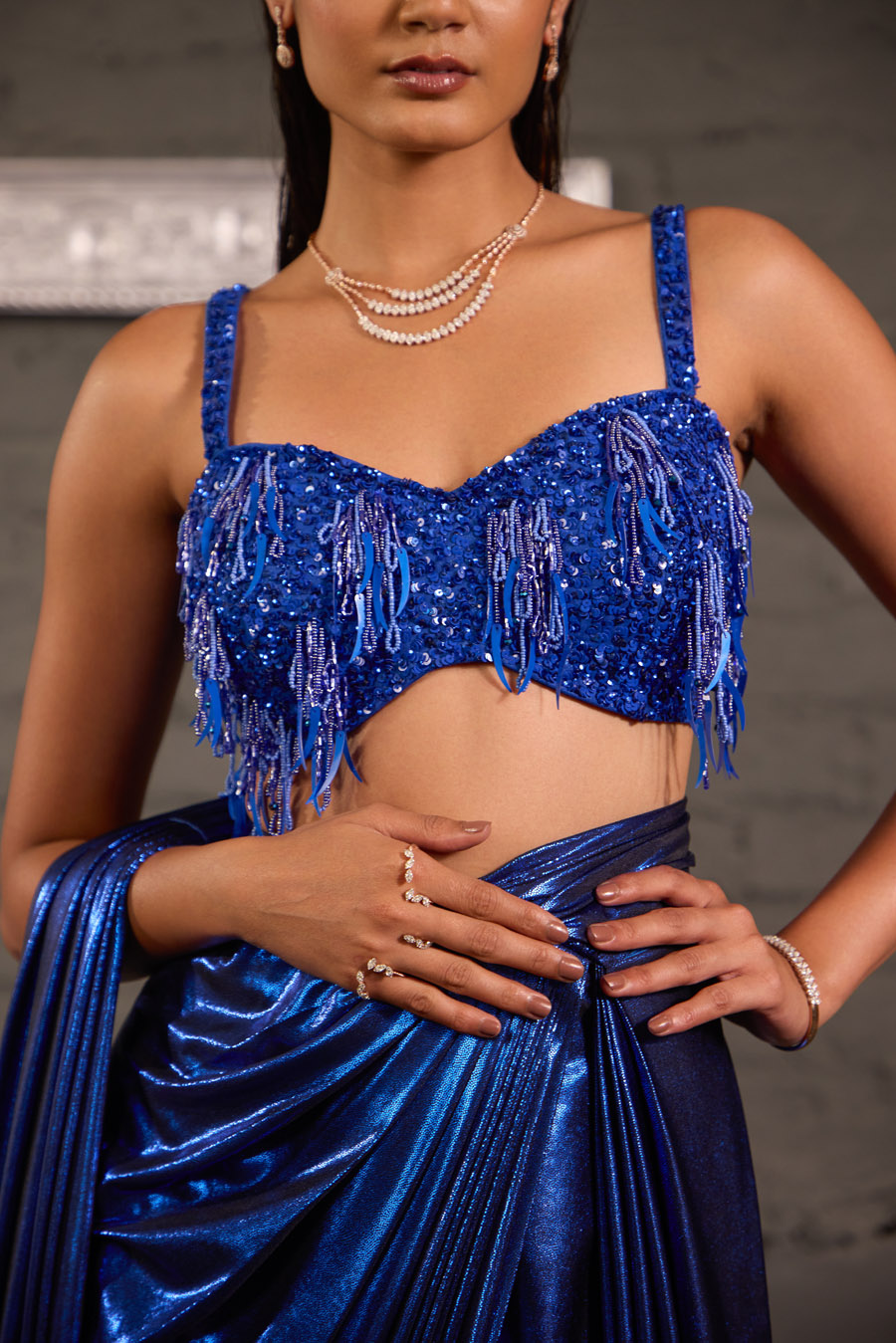 Tasseled Royal Blue Cocktail Metallic Drape Saree Set Black Thread Co 5 Tasseled Royal Blue Cocktail Metallic Drape Saree Set Black Thread Co 5