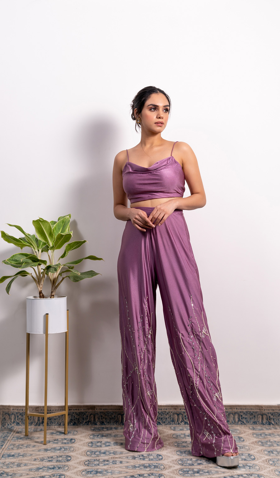 Embroidered Bustier With High Waisted Embellished Pallazo and Choker Dupatta Black Thread Co