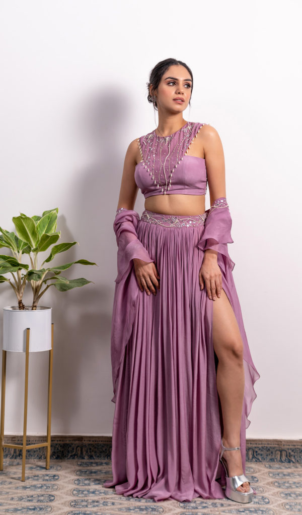 Embroidered Blouse With High Slit Lehenga and Frill Dupatta (Without Slit Available) Black Thread Co