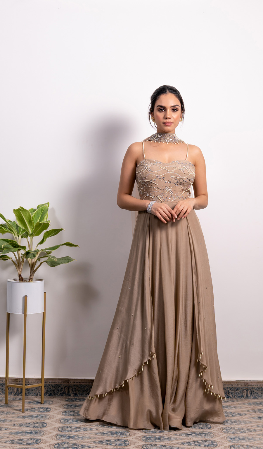 Organza Ruchhed Bustier With Embroidered High Waist Lehenga and Frill Dupatta (Straps Can Be Added) Black Thread Co