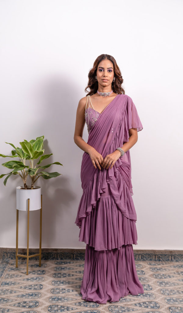 Frill Pre-draped Saree With Pearl Strap Embroidered Blouse Black Thread Co Frill Pre-draped Saree With Pearl Strap Embroidered Blouse Black Thread Co