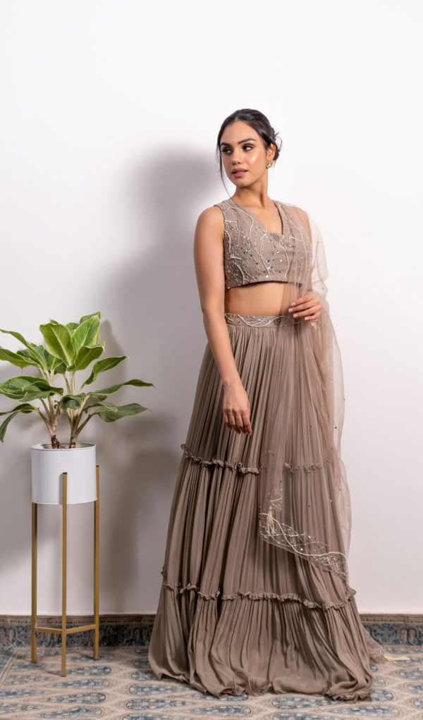 Glass Neckline Embroidered Blouse With 3-tiered Lehenga and Dupatta Black Thread Co