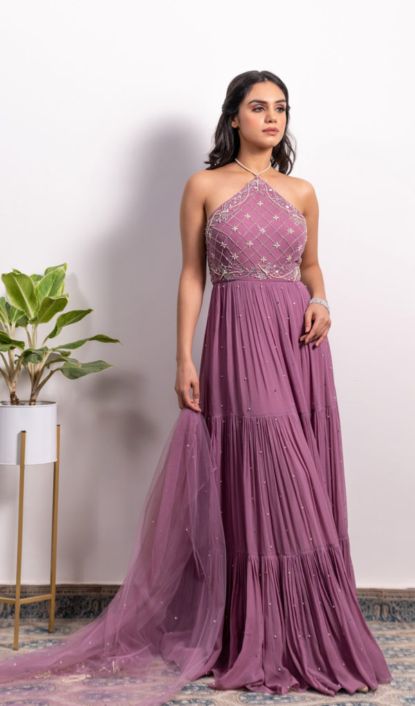 Halter Neck 3-tiered Embroidered Anarkali and Dupatta Set Black Thread Co Halter Neck 3-tiered Embroidered Anarkali and Dupatta Set Black Thread Co