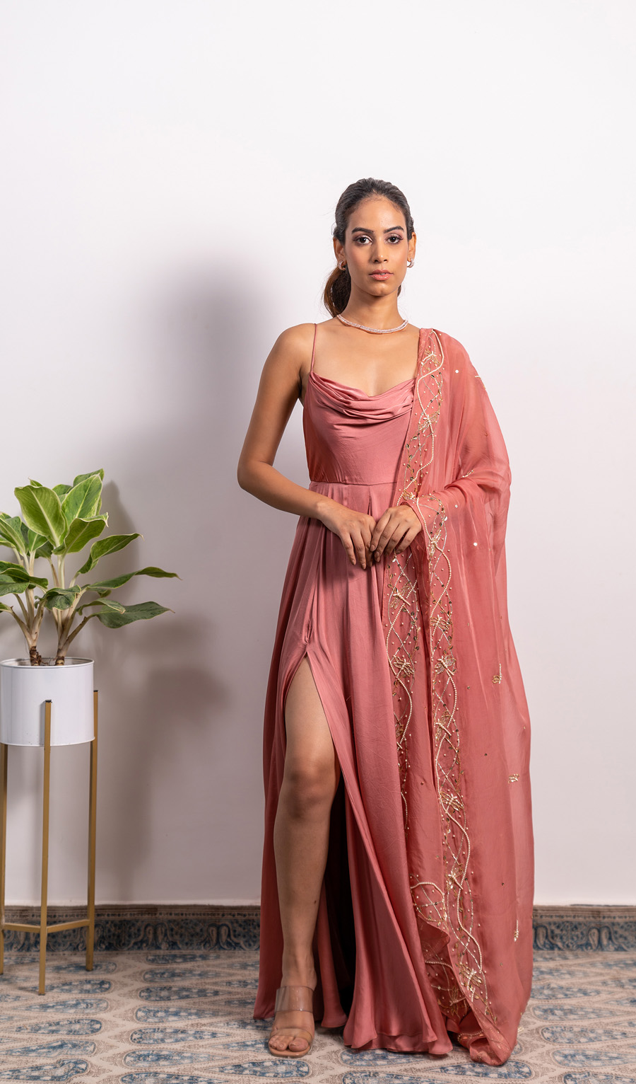 Cowl Top With High Waisted Embroidered Pant Black Thread Co