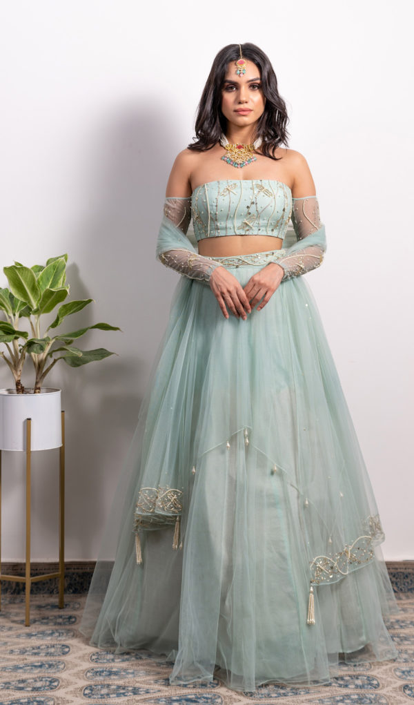 Off-shoulder Embroidered Blouse With Pearl Tasseled Lehenga and Dupatta Black Thread Co