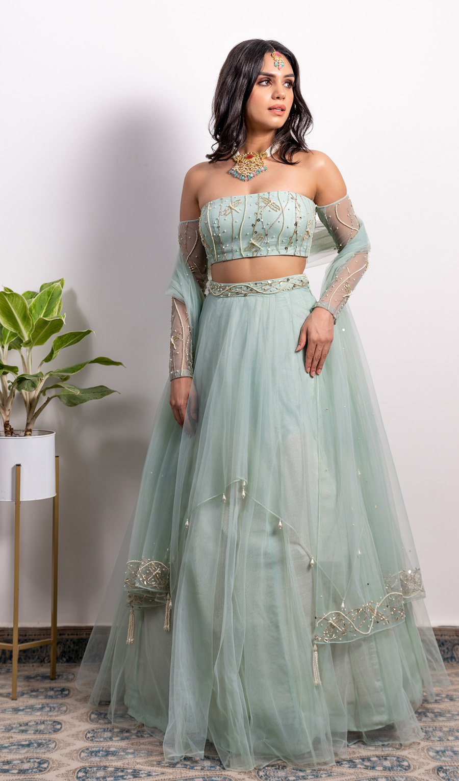 Off-shoulder Embroidered Blouse With Pearl Tasseled Lehenga and Dupatta Black Thread Co 3 Off-shoulder Embroidered Blouse With Pearl Tasseled Lehenga and Dupatta Black Thread Co 3