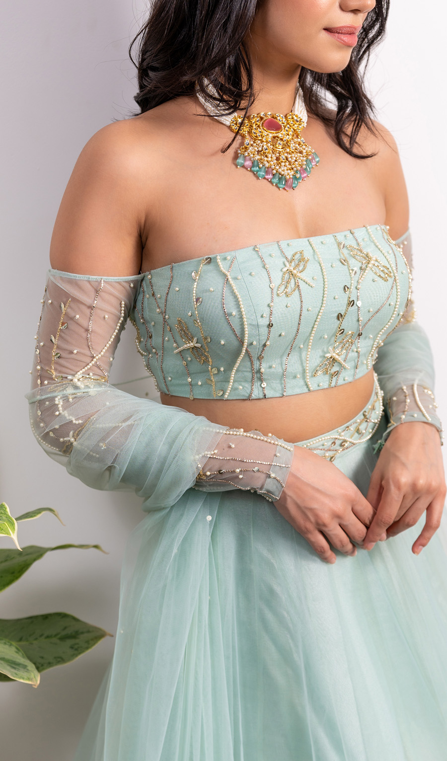 Off-shoulder Embroidered Blouse With Pearl Tasseled Lehenga and Dupatta Black Thread Co 5 Off-shoulder Embroidered Blouse With Pearl Tasseled Lehenga and Dupatta Black Thread Co 5