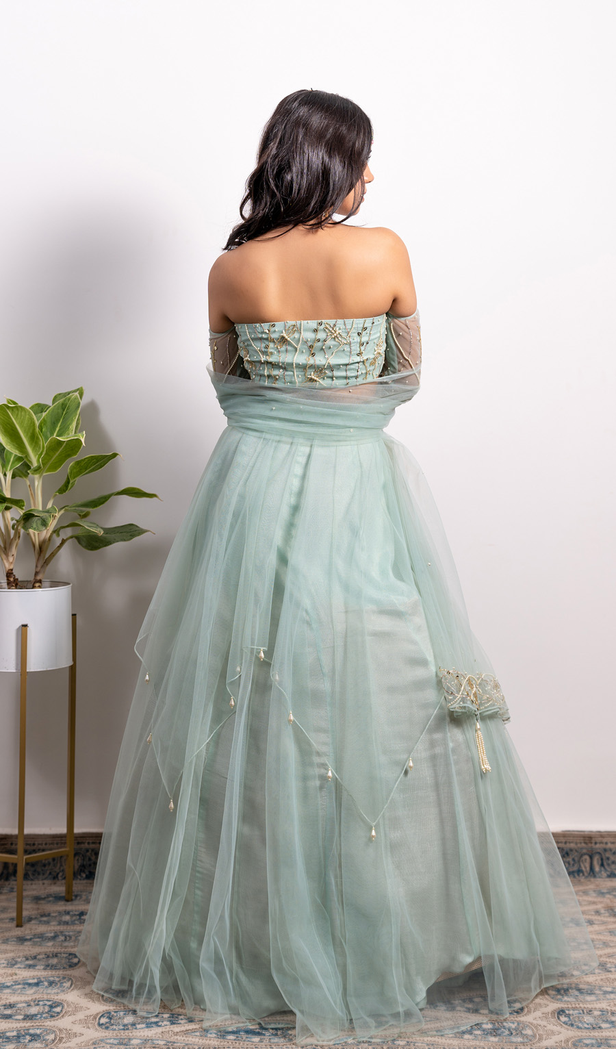 Off-shoulder Embroidered Blouse With Pearl Tasseled Lehenga and Dupatta Black Thread Co 4 Off-shoulder Embroidered Blouse With Pearl Tasseled Lehenga and Dupatta Black Thread Co 4