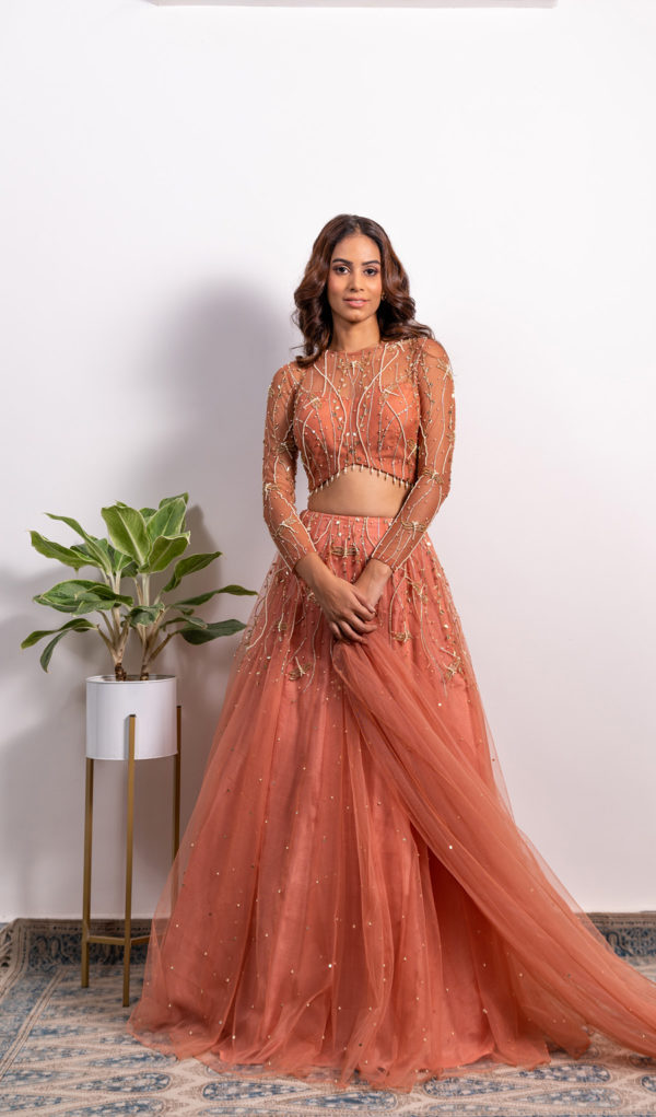 V-Hem Embroidered Blouse With High Waist Lehenga and Dupatta Black Thread Co V-Hem Embroidered Blouse With High Waist Lehenga and Dupatta Black Thread Co