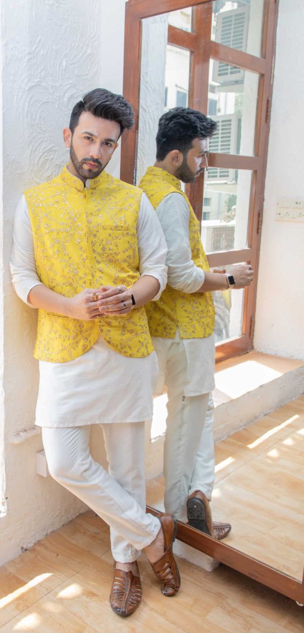 Ivory Kurta and Pant Set with Yellow Vest Black Thread Co