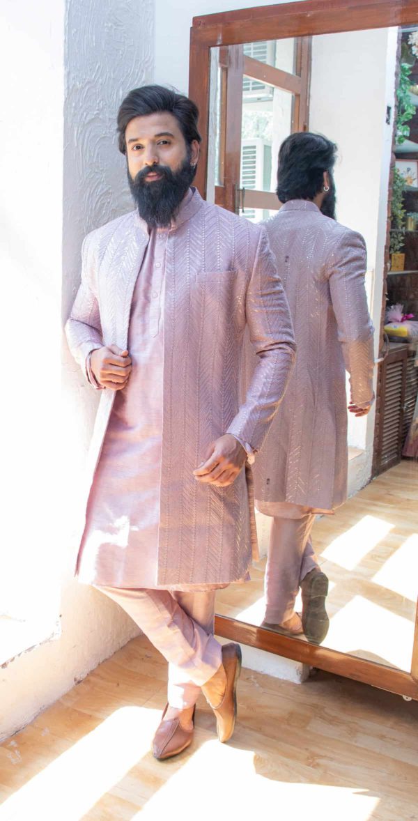 Mauve Jacket Style Sherwani Set Black Thread Co