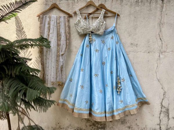 Aqua Blue and Ivory Mirror Work Lehenga Set Black Thread Co Aqua Blue and Ivory Mirror Work Lehenga Set Black Thread Co