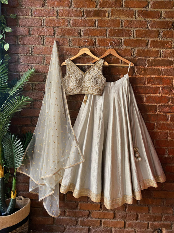 Grey Raw Silk Lehenga Set Black Thread Co