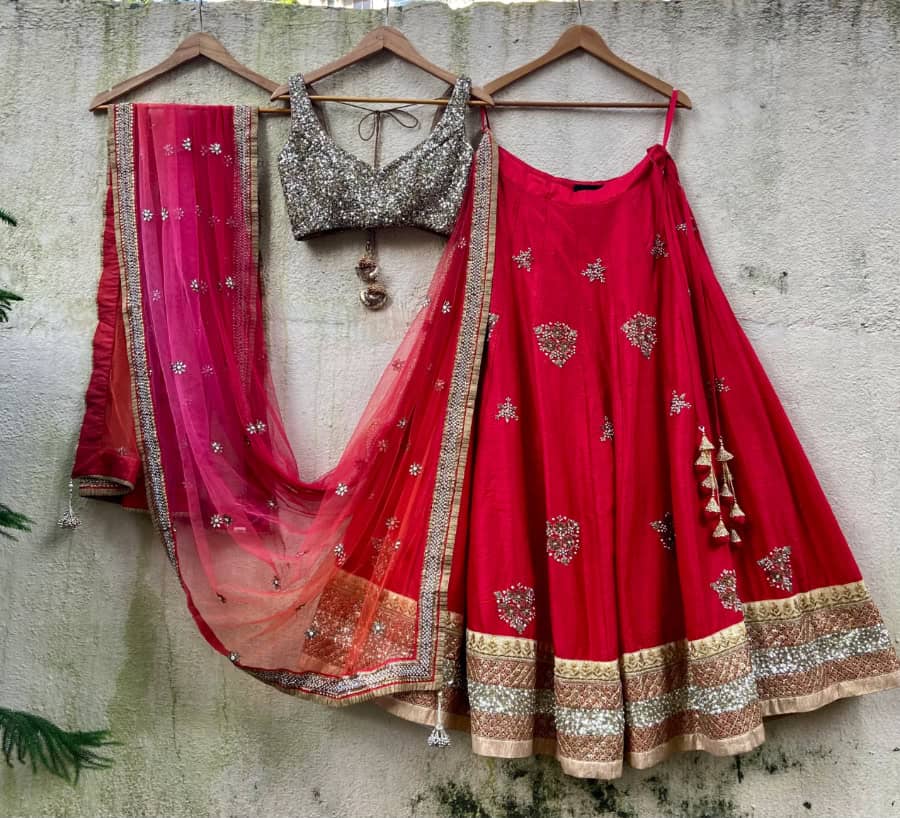 Red And Gold Raw Silk Lehenga Set With Ombre Dupatta Black Thread Co