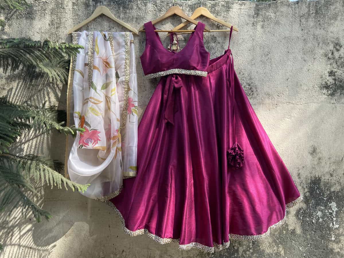 Peach Mirror and Thread Work Lehenga Set Black Thread Co 2