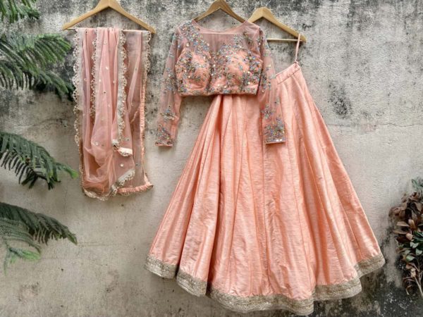 Peach Mirror and Thread Work Lehenga Set Black Thread Co