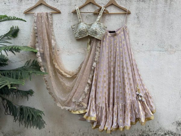 Nude Ruffle Lehenga Set with Mirror Busier Black Thread Co