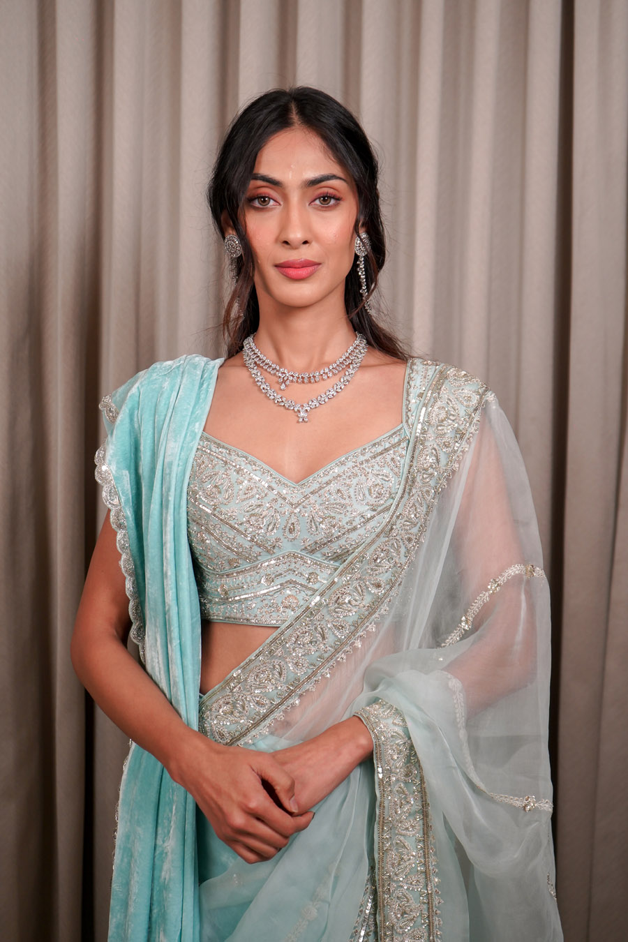 Ice Blue Saree Set Black Thread Co