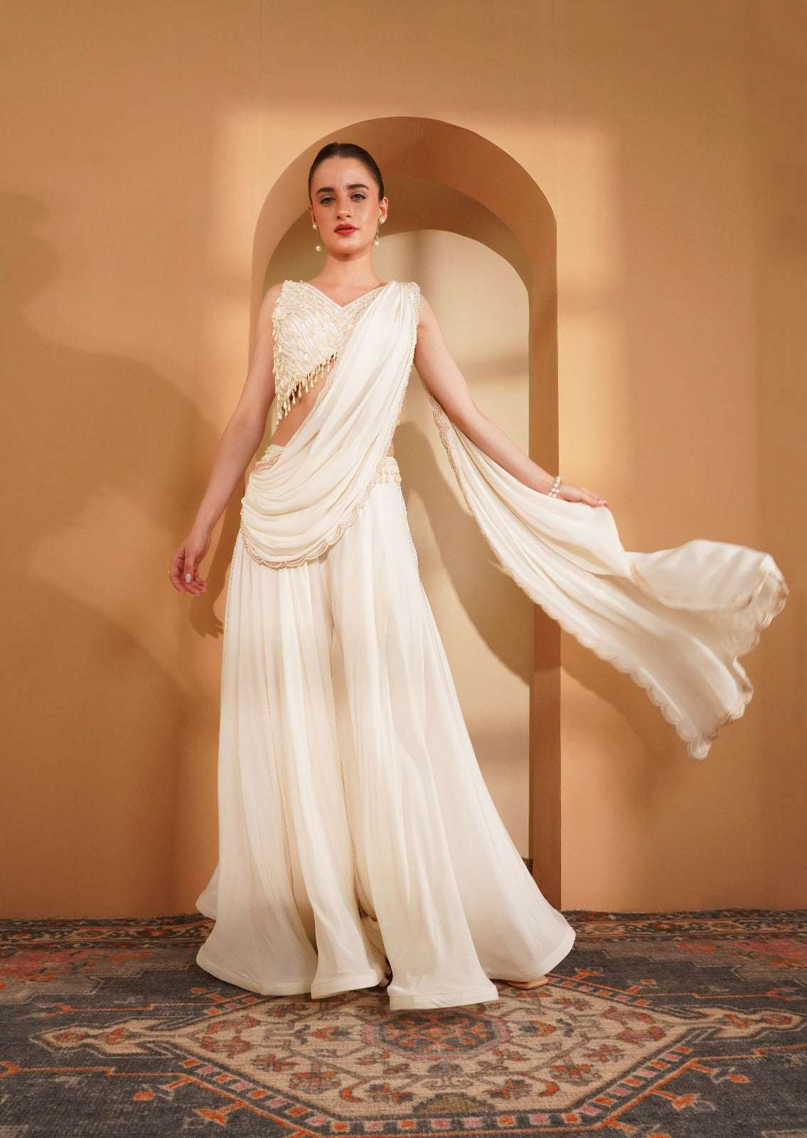Ivory Crepe Pearl Sharara Set Black Thread Co