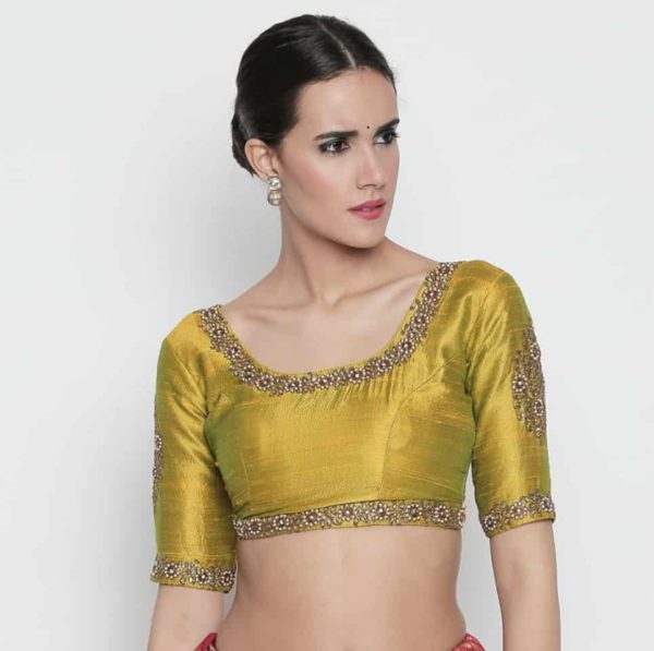 Olive Raw Silk Blouse with Kundan Work Black Thread Co Olive Raw Silk Blouse with Kundan Work Black Thread Co