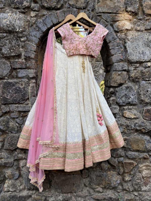 Ivory and Pink Lucknowi Lehenga Set Black Thread Co Ivory and Pink Lucknowi Lehenga Set Black Thread Co