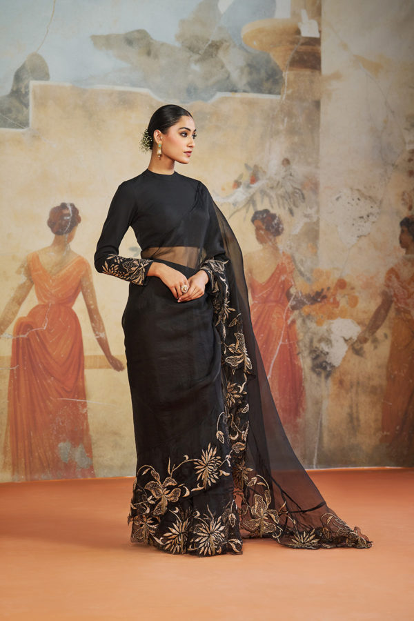 BLACK RUFFLE PRE DRAPED SAREE SET Black Thread Co