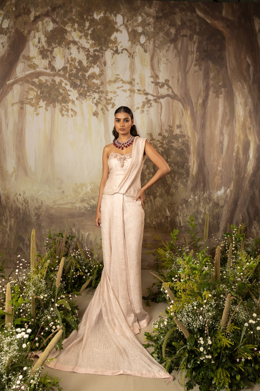 Blush Beige Corset Draped Saree Set Black Thread Co