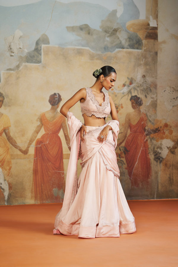 BLUSH PINK LEHENGA SAREE Black Thread Co