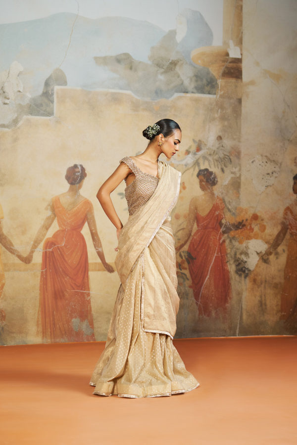 CHAMPAGNE BEIGE DRAPED SHARARA SET Black Thread Co
