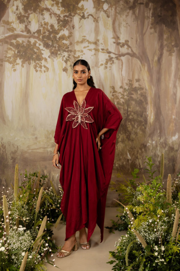 Deep Red 3D Floral Kaftan Black Thread Co Deep Red 3D Floral Kaftan Black Thread Co
