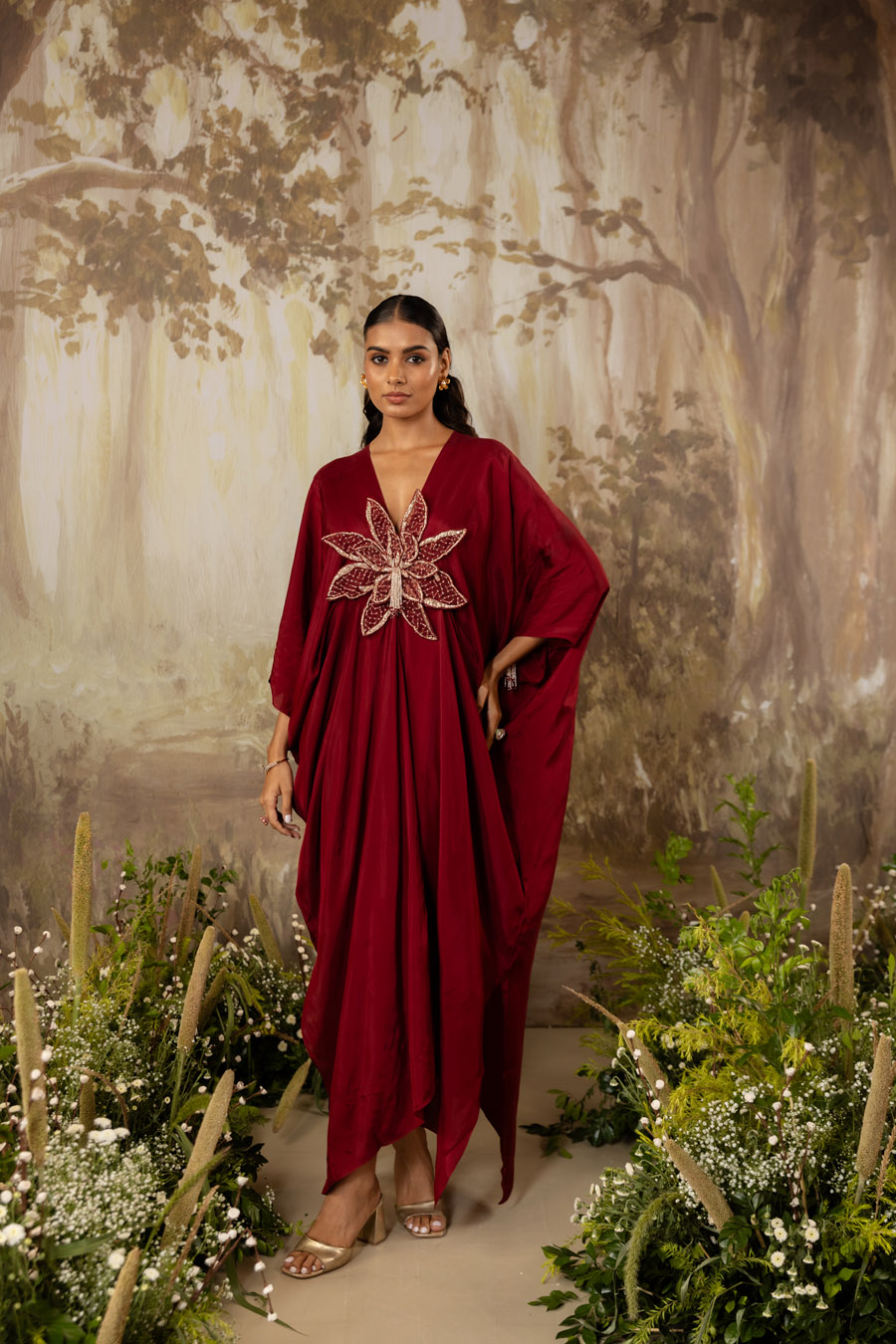 Deep Red 3D Floral Kaftan Black Thread Co