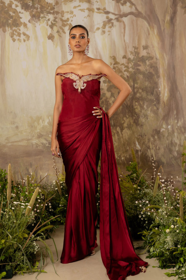 Deep Red Corset Draped Saree Set Black Thread Co Deep Red Corset Draped Saree Set Black Thread Co